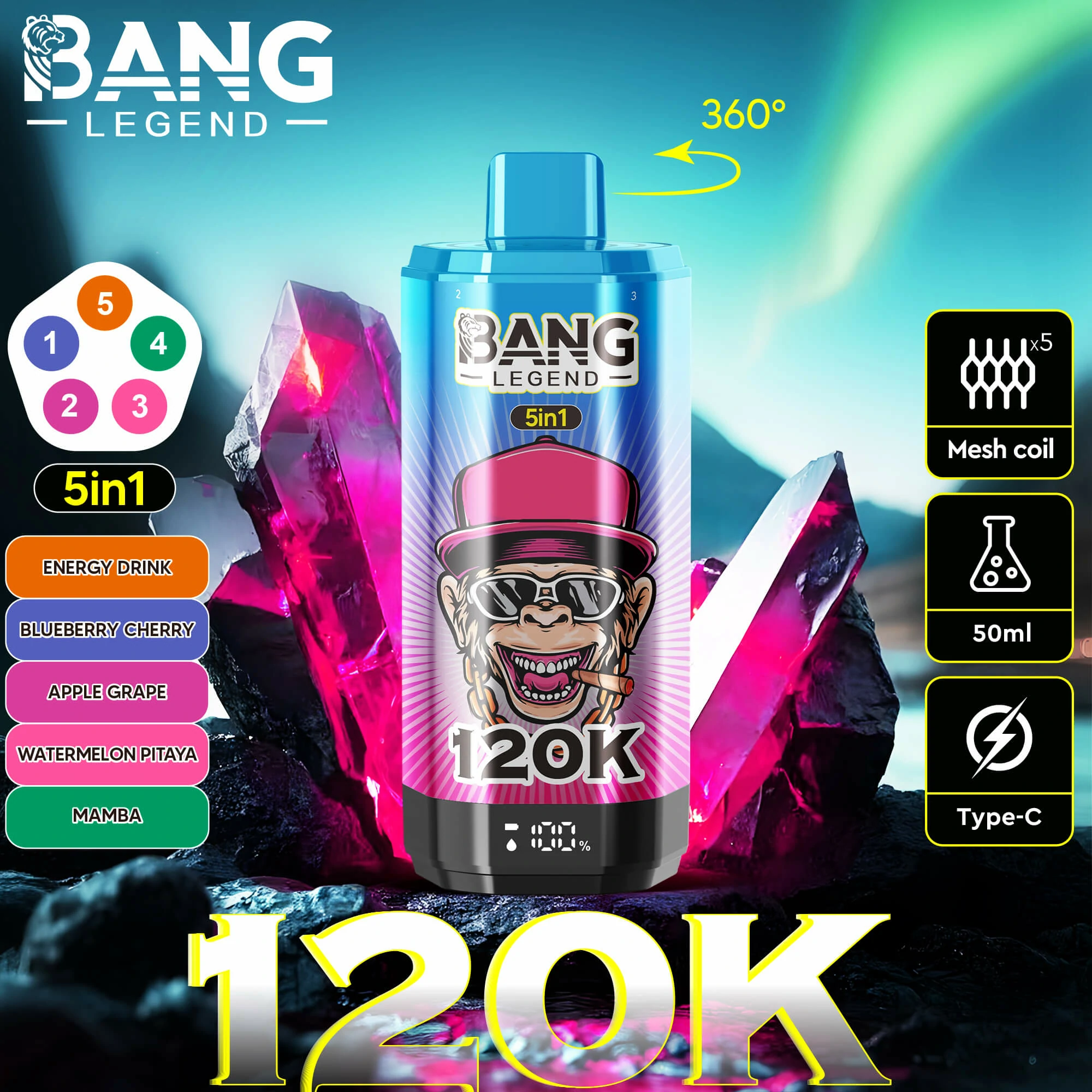Bang, 120 000 potáhnutí, jednorázový vaporizér 5-in-1, fotografie 2