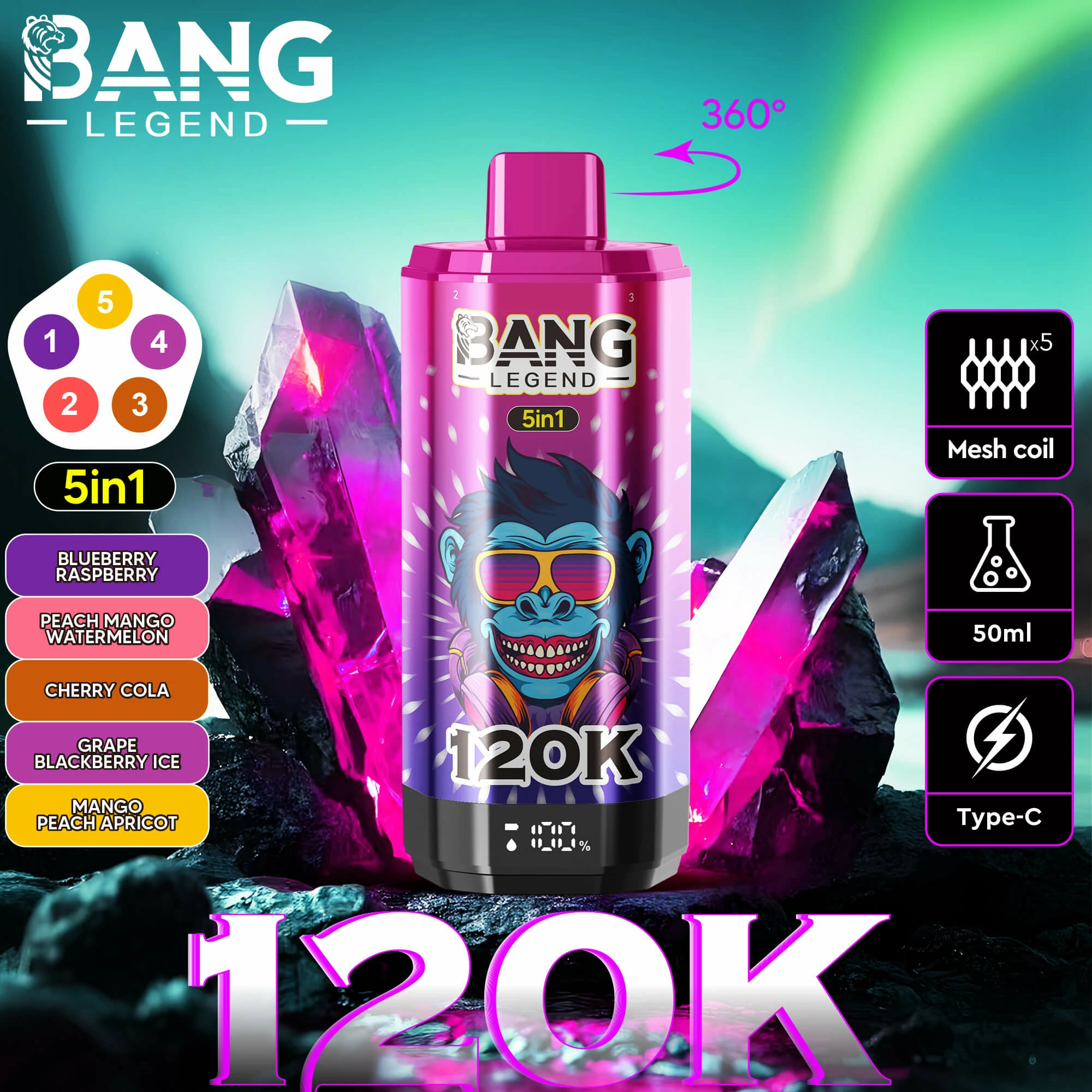Bang, 120 000 potáhnutí, jednorázový vaporizér 5-in-1, fotografie 4