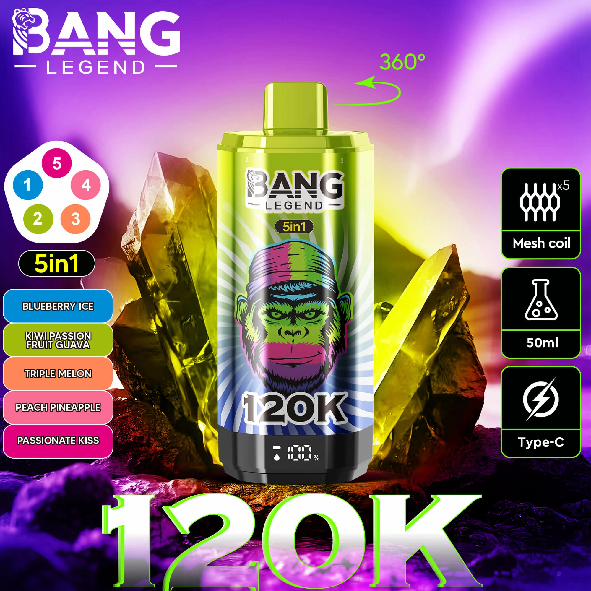 Bang, 120 000 potáhnutí, jednorázový vaporizér 5-in-1, fotografie 6
