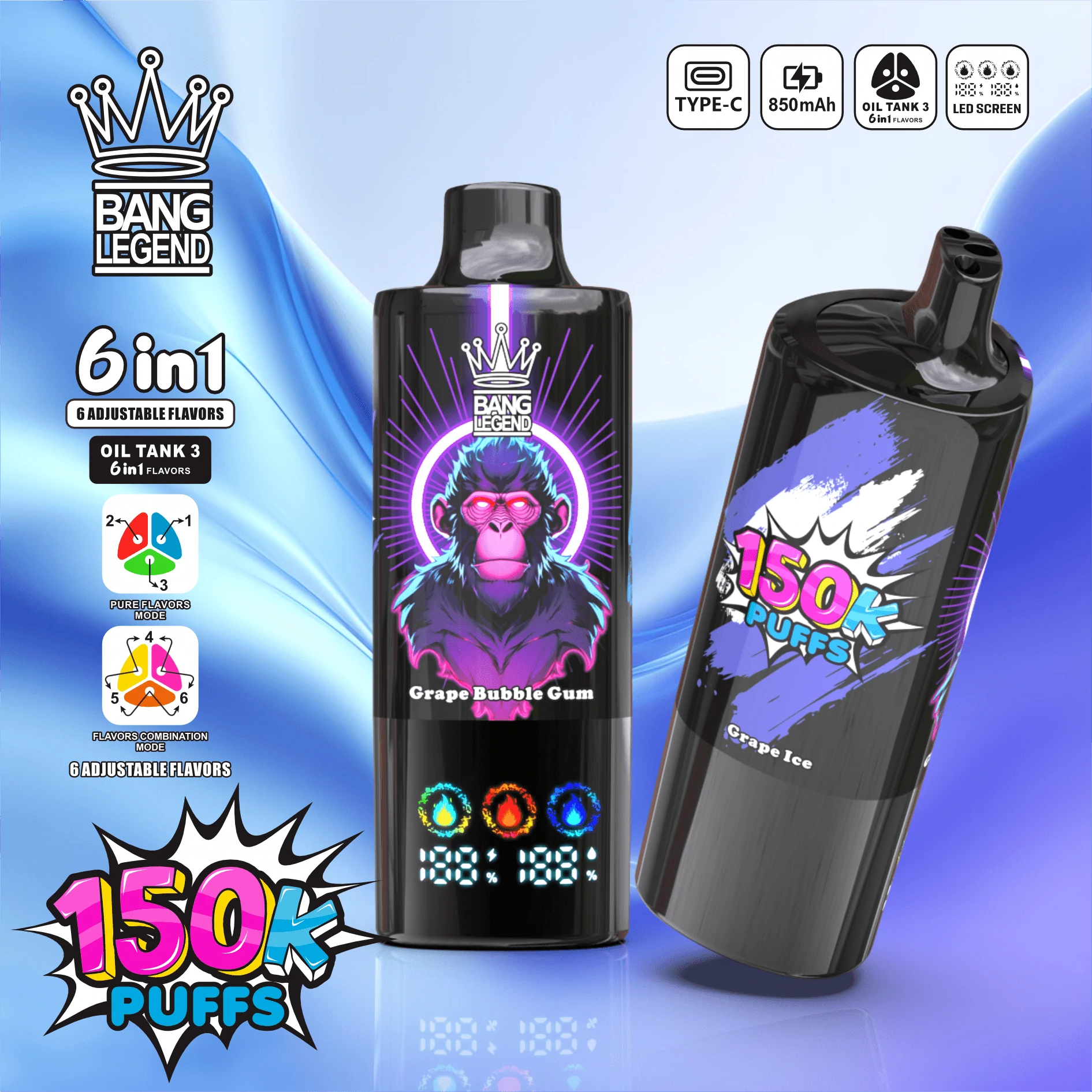 Bang Legend 150K 6-in-1, 150 000 potáhnutí, jednorázový vaporizér 6-in-1, fotografie 2