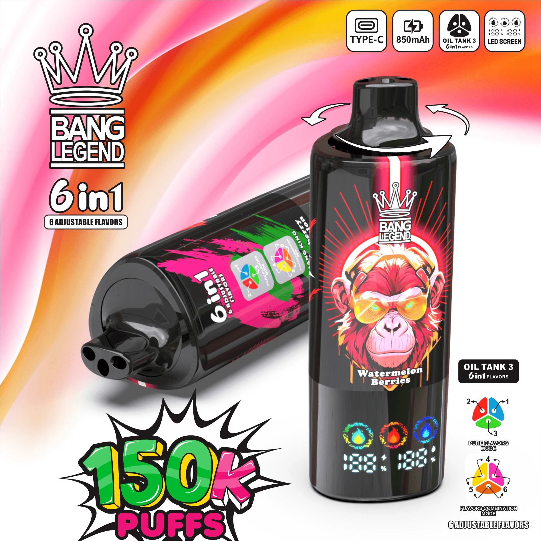 Bang Legend 150K 6-in-1, 150 000 potáhnutí, jednorázový vaporizér 6-in-1, fotografie 3