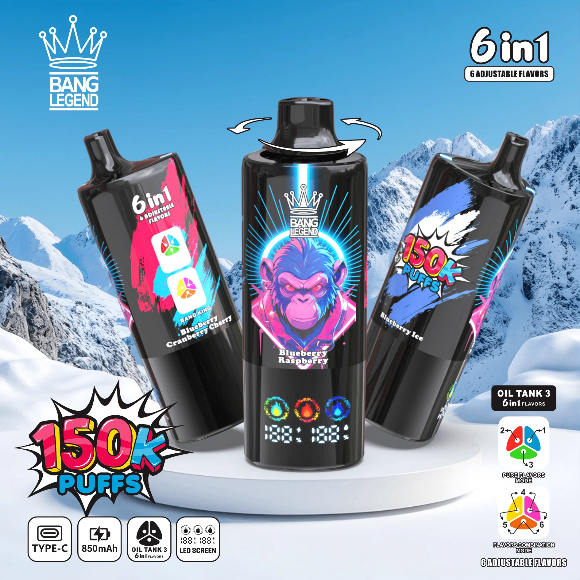 Bang Legend 150K 6-in-1, 150 000 potáhnutí, jednorázový vaporizér 6-in-1, fotografie 4