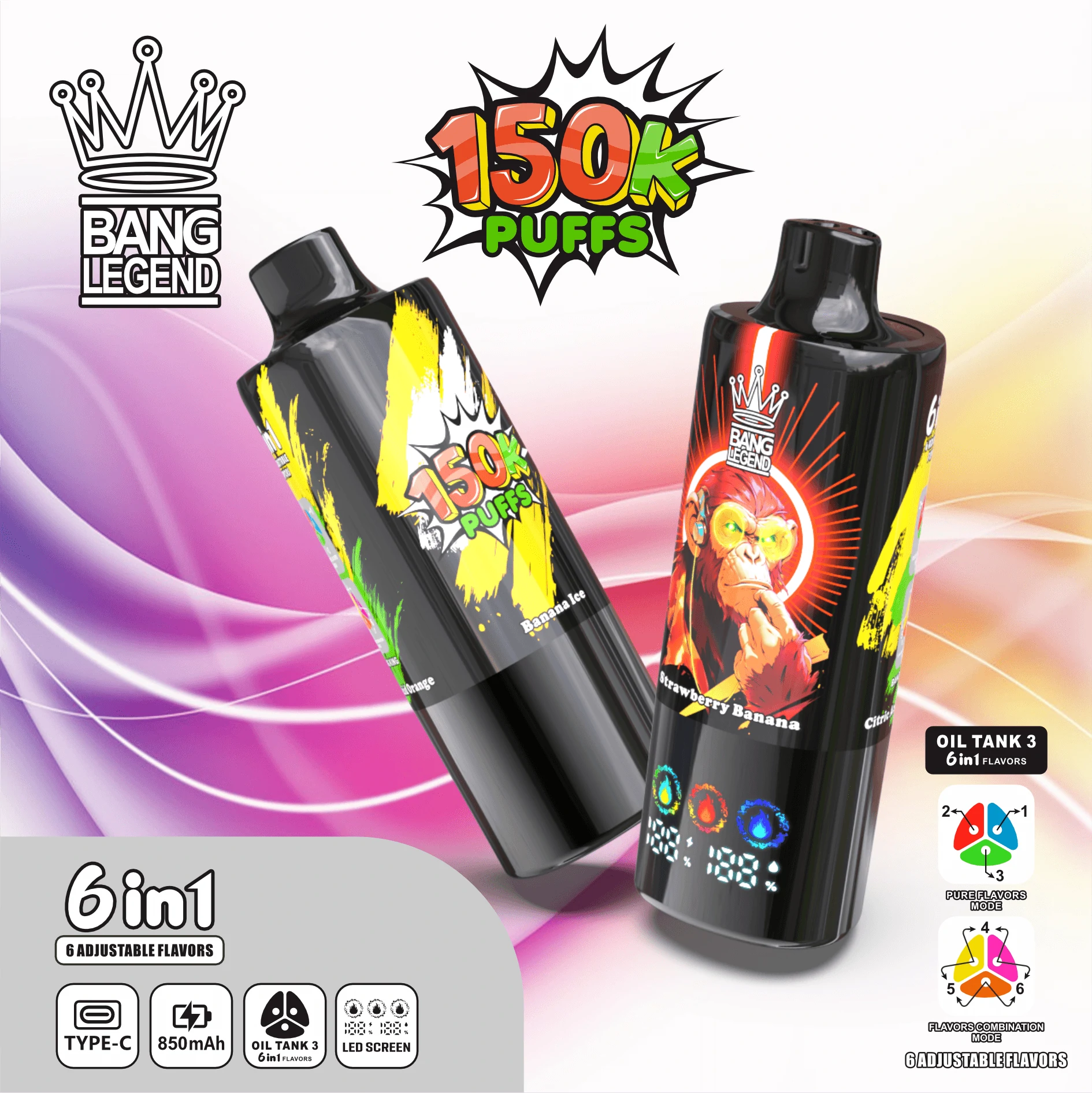 Bang Legend 150K 6-in-1, 150 000 potáhnutí, jednorázový vaporizér 6-in-1, fotografie 5