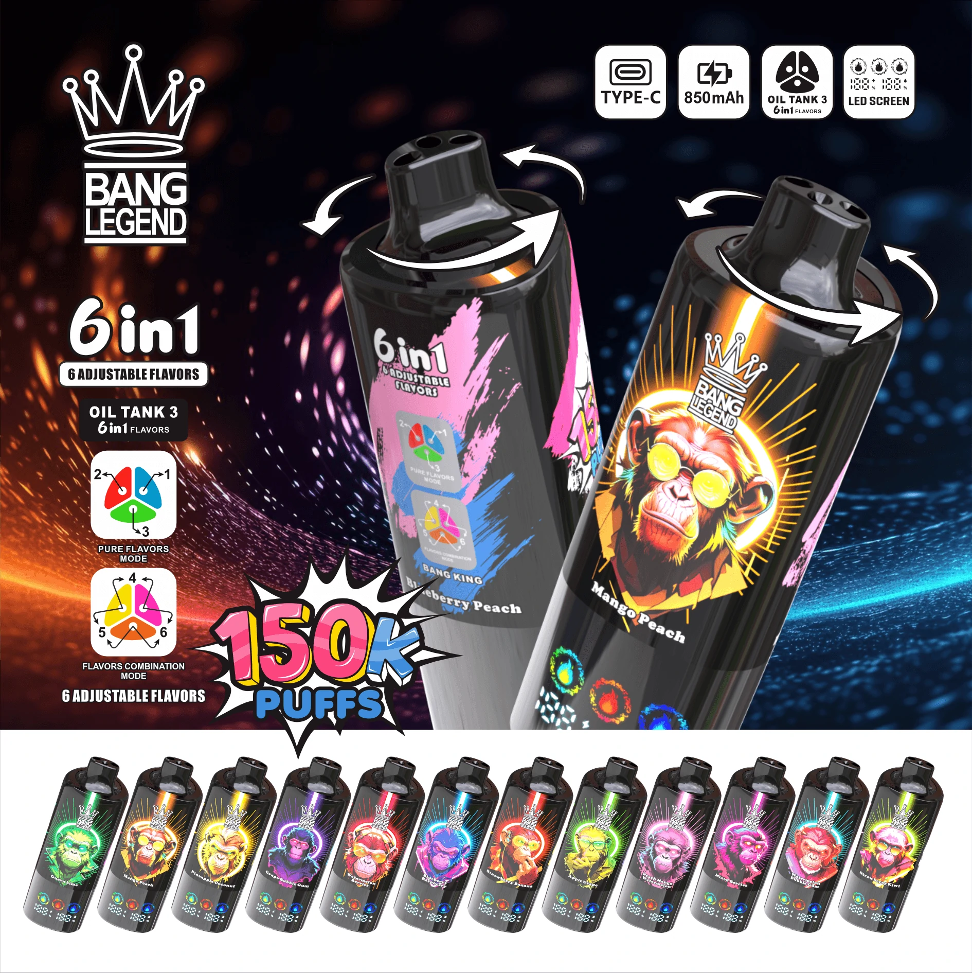 Bang Legend 150K 6-in-1, 150 000 potáhnutí, jednorázový vaporizér 6-in-1, fotografie 6