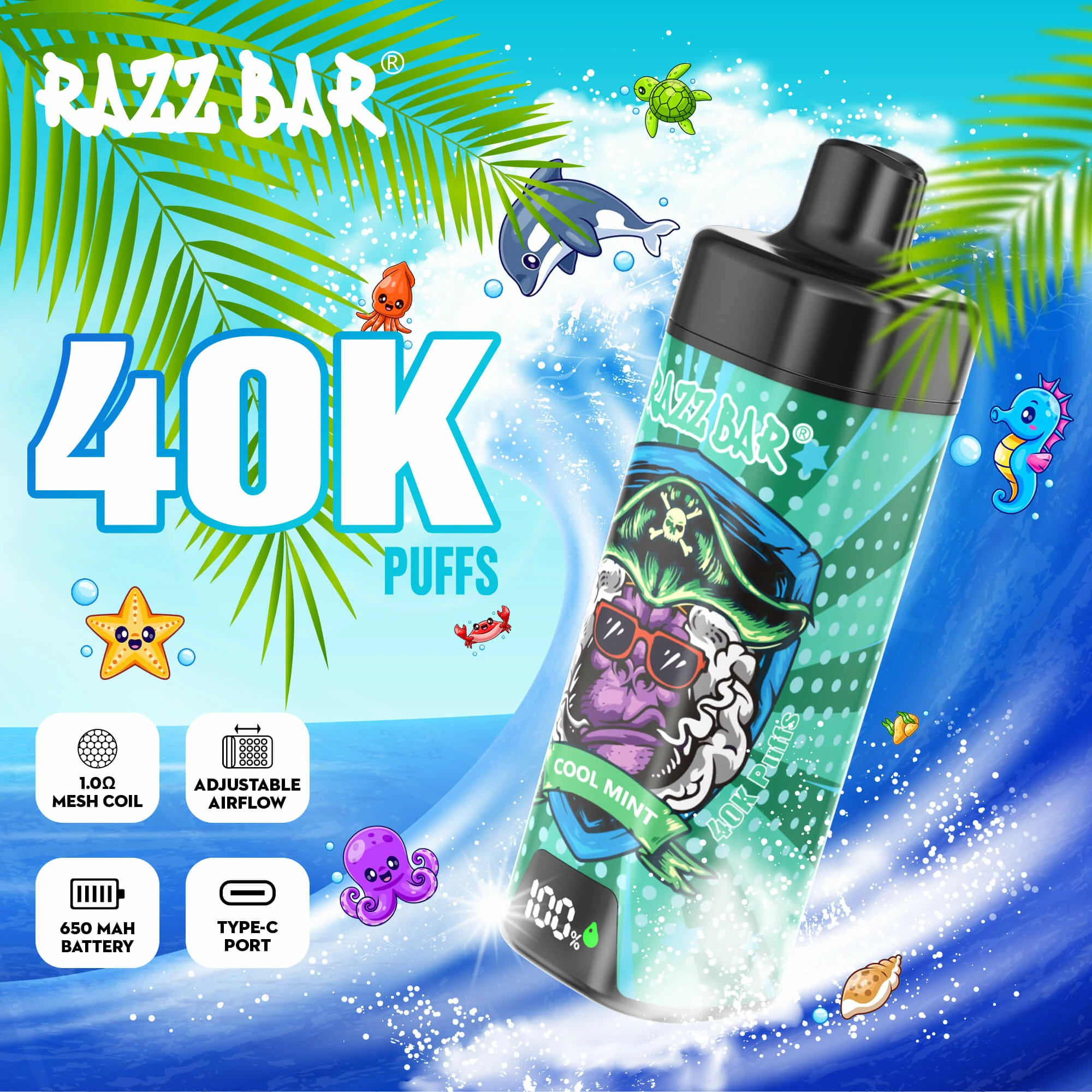 Jednorázový vaporizér Razz Bar, 40 000 potáhnutí