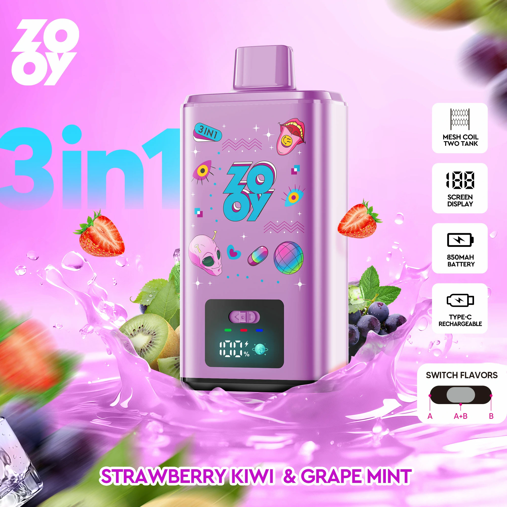 Zooy, 150 000 potáhnutí, jednorázový vaporizér typu 3-in-1, fotografie 2